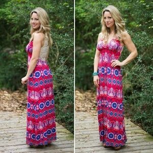 { Felicity & Coco } : Vibrant Red & Blue Crochet Lace Back Maxi Dress